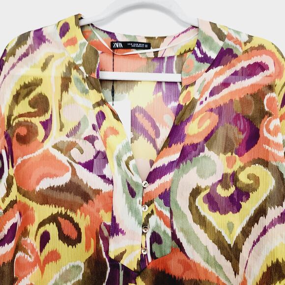 Zara Oversized Colorful V-Neck Long Sleeve Semi-Sheer Top Size XS Yellow Purple - Picture 8 of 9